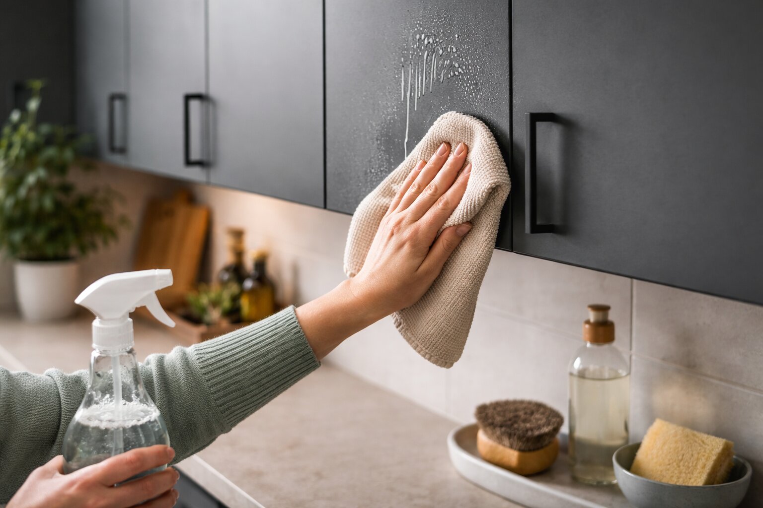 matte keukenkastjes schoonmaken, matte keukenkastjes